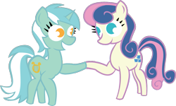 Size: 1137x684 | Tagged: safe, artist:alisonwonderland1951, character:bon bon, character:lyra heartstrings, character:sweetie drops, species:earth pony, species:pony, species:unicorn, ship:lyrabon, female, holding hooves, lesbian, no pupils, shipping, simple background, smiling, transparent background, vector