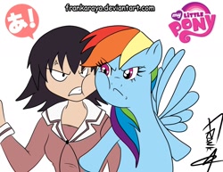 Size: 1404x1085 | Tagged: safe, artist:frankaraya, character:rainbow dash, species:human, species:pegasus, species:pony, angry, anime, azumanga daioh, cheek squish, cheek to cheek, cross-popping veins, crossover, cute, dialogue, duo, female, frown, glare, gritted teeth, logo, mare, simple background, speech bubble, squishy cheeks, takino tomo, white background