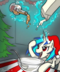 Size: 720x864 | Tagged: safe, artist:hinoraito, character:dj pon-3, character:vinyl scratch, bottle, clothing, drink, eggnog, female, hat, santa hat, solo