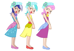 Size: 2500x1733 | Tagged: safe, artist:trinityinyang, character:lyra heartstrings, character:minuette, character:twinkleshine, episode:a canterlot wedding, g4, my little pony: friendship is magic, bridesmaid, bridesmaid dress, clothing, dress, humanized