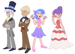 Size: 2500x1815 | Tagged: safe, artist:trinityinyang, character:caesar, character:north star (g4), character:royal ribbon, character:sealed scroll, episode:a canterlot wedding, g4, my little pony: friendship is magic, clothing, dress, female, hat, humanized, male, monocle, monocle and top hat, north star, ribbon, suit, top hat