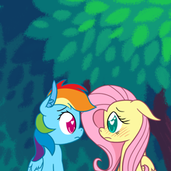Size: 1000x1000 | Tagged: safe, artist:ponett, character:fluttershy, character:rainbow dash, species:pegasus, species:pony, ship:flutterdash, blushing, female, heart, mare, shipping