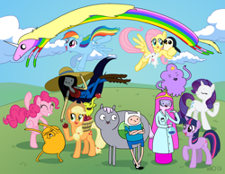 Size: 1286x1000 | Tagged: safe, artist:empty-10, character:angel bunny, character:applejack, character:fluttershy, character:pinkie pie, character:rainbow dash, character:rarity, character:twilight sparkle, adventure time, apple, crossover, finn the human, gunther, ice king, jake the dog, lady rainicorn, lumpy space princess, mane six, marceline, princess bubblegum, tree trunks