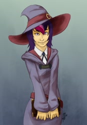 Size: 525x750 | Tagged: safe, artist:scorpiordinance, character:twilight sparkle, species:human, belt, book, clothing, crossover, cute, dress, hat, humanized, little witch academia, witch hat