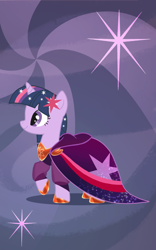 Size: 1263x2024 | Tagged: dead source, safe, artist:anima-dos, character:twilight sparkle, species:pony, clothing, cutie mark accessory, dress, female, gala dress, hoof shoes, mare, smiling, solo