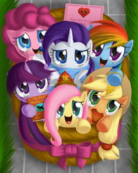 Size: 1200x1509 | Tagged: safe, artist:berrypawnch, character:applejack, character:fluttershy, character:pinkie pie, character:rainbow dash, character:rarity, character:twilight sparkle, species:earth pony, species:pegasus, species:pony, species:unicorn, apple, basket, berrypawnch is trying to murder us, clothing, crying, cupcake, cute, dashabetes, dawwww, diapinkes, female, filly, happy, hnnng, jackabetes, looking at you, mane six, open mouth, raribetes, scarf, shyabetes, smiling, story included, tears of joy, timber wolf, twiabetes, weapons-grade cute