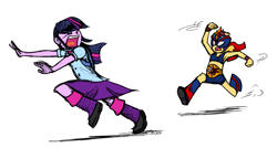 Size: 1256x671 | Tagged: safe, artist:zicygomar, character:sunset shimmer, character:twilight sparkle, my little pony:equestria girls, chase, lucha libre, luchador, mask, masked shimmer, midriff