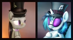 Size: 1441x800 | Tagged: safe, artist:subjectnumber2394, character:dj pon-3, character:octavia melody, character:vinyl scratch, species:earth pony, species:pony, species:unicorn, clothing, duo, female, glasses, hat, top hat