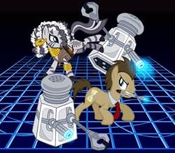Size: 6864x6000 | Tagged: safe, artist:tygerbug, character:doctor whooves, character:time turner, character:zecora, species:earth pony, species:pony, species:zebra, absurd resolution, crossover, dalek, doctor who, female, male, mare, ponified, river song, salt shaker, sonic screwdriver, stallion, the doctor