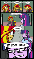 Size: 1021x1766 | Tagged: safe, artist:zicygomar, character:sunset shimmer, character:twilight sparkle, equestria girls:equestria girls, g4, my little pony: equestria girls, my little pony:equestria girls, comic, dialogue, eye clipping through hair, parody, the most popular girls in school, toilet humor, wat
