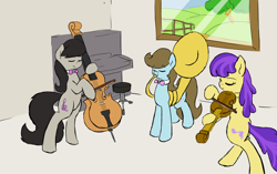 Size: 1280x804 | Tagged: safe, artist:fiddlearts, character:beauty brass, character:octavia melody, character:symphony, species:earth pony, species:pony, bow (instrument), cello, cello bow, female, fiddlesticks-answers, music, musical instrument, musician, orchestra, piano, sousaphone, trio, trio female, tuba, violin, violin bow