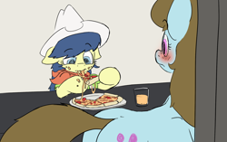 Size: 1280x804 | Tagged: safe, artist:fiddlearts, character:beauty brass, character:fiddlesticks, apple family member, blushing, eating, fiddlesticks-answers, food, meat, pepperoni, pepperoni pizza, pizza, table