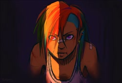 Size: 1000x678 | Tagged: safe, artist:schpog, character:rainbow dash, bandage, bleeding, clothing, dark background, door, female, humanized, looking at you, solo, tank top
