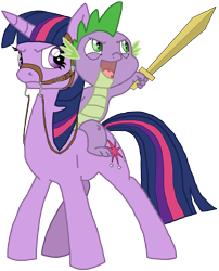 Size: 1938x2400 | Tagged: safe, artist:crispokefan, character:spike, character:twilight sparkle, character:twilight sparkle (unicorn), species:dragon, species:pony, species:unicorn, bridle, dragons riding ponies, duo, female, male, mare, reins, riding, sword, weapon, wooden sword