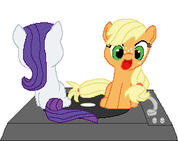 Size: 255x203 | Tagged: safe, artist:tomdantherock, artist:valcron, character:applejack, character:rarity, animated, female, filly, foal, good trick, simple background, spinning, transparent background, turntable pony