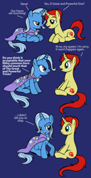Size: 2944x5736 | Tagged: safe, artist:tygerbug, character:trixie, oc, oc:sethisto, ponysona, species:pony, species:unicorn, blue background, canon x oc, cape, clothing, comic, cute, female, great and powerful, horns are touching, male, mare, photoshop, sethisto, sethxie, shipping, simple background, stallion, straight, third person, trixie's cape, tsundere, tsunderixie