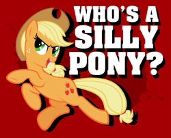 Size: 4437x3587 | Tagged: safe, artist:echo-and-hazel-ponis, artist:tygerbug, character:applejack, species:earth pony, species:pony, g4, action pose, female, mare, poster, solo, who's a silly pony