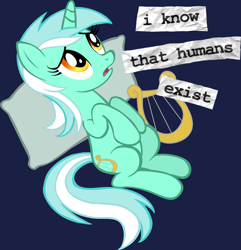 Size: 4309x4476 | Tagged: safe, artist:tygerbug, character:lyra heartstrings, species:human, species:pony, species:unicorn, fanfic:anthropology, g4, absurd resolution, artifact, blue background, cutie mark, female, hooves, horn, humie, mare, on back, open mouth, photoshop, pillow, sad, simple background, solo