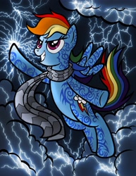 Size: 2550x3309 | Tagged: safe, artist:tygerbug, character:rainbow dash, species:pegasus, species:pony, fanfic:it's a dangerous business going out your door, clothing, female, flying, grin, high res, lightning, mare, photoshop, scarf, solo, tattoo