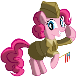 Size: 8258x8258 | Tagged: safe, artist:tygerbug, character:pinkie pie, species:earth pony, species:pony, g4, absurd resolution, american flag, clothing, cute, female, flag, hat, mare, patriotic, photoshop, salute, simple background, skirt, smiling, solo, transparent background, uniform, united states, world war ii