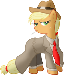 Size: 9086x10666 | Tagged: safe, artist:tygerbug, character:applejack, species:earth pony, species:pony, g4, absurd resolution, clothing, female, mare, necktie, noir, photoshop, simple background, solo, transparent background, trenchcoat