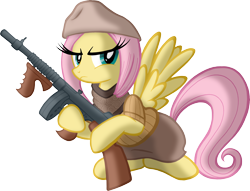 Size: 11328x8654 | Tagged: safe, artist:tygerbug, character:fluttershy, species:pegasus, species:pony, absurd resolution, bonnie and clyde, bonnie parker, clothing, costume, female, flutterbadass, gun, mare, noir, photoshop, serious face, simple background, solo, submachinegun, tommy gun, transparent background