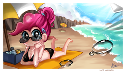 Size: 1050x600 | Tagged: safe, artist:chch, character:pinkie pie, bikini, clothing, female, humanized, ocean, solo, summer, sunglasses, swimsuit