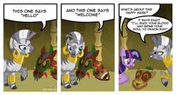 Size: 1024x551 | Tagged: safe, artist:don-ko, character:twilight sparkle, character:zecora, species:pony, species:zebra, episode:bridle gossip, g4, my little pony: friendship is magic, comic, female, mare, mask, twilight flopple