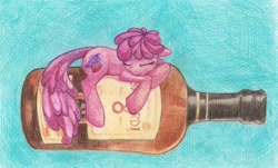 Size: 1000x604 | Tagged: safe, artist:dragonataxia, character:berry punch, character:berryshine, bottle, drink, female, micro, sleeping, solo, traditional art