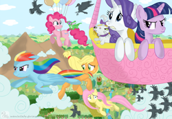 Size: 1300x900 | Tagged: safe, artist:swanlullaby, character:applejack, character:fluttershy, character:gummy, character:opalescence, character:pinkie pie, character:rainbow dash, character:rarity, character:twilight sparkle, species:crow, balloon, flying, hot air balloon, mane six, twilight is not amused, twinkling balloon, unamused