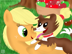 Size: 1024x768 | Tagged: safe, artist:swanlullaby, character:applejack, character:winona, species:dog, species:pony, apple, basket, female, food, grass, lying down, mare, one eye closed, tree