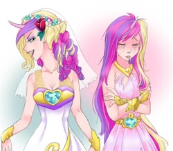 Size: 606x532 | Tagged: safe, artist:zoe-productions, character:princess cadance, character:queen chrysalis, species:changeling, species:human, episode:a canterlot wedding, g4, my little pony: friendship is magic, breasts, clothing, crying, crystal heart, disguise, disguised changeling, dress, duality, fake cadance, female, humanized, skinny