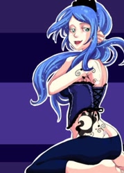 Size: 313x438 | Tagged: safe, artist:zoe-productions, character:princess luna, barefoot, buttcrack, feet, female, humanized, kneeling, looking at you, looking back, smiling, solo, tattoo
