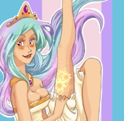 Size: 335x325 | Tagged: safe, artist:zoe-productions, character:princess celestia, cleavage, female, humanized, looking at you, skinny, smiling, solo, tattoo