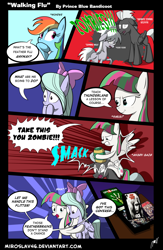 Size: 960x1472 | Tagged: safe, artist:miroslav46, character:blossomforth, character:cloudchaser, character:flitter, character:rainbow dash, character:thunderlane, species:pegasus, species:pony, comic, dialogue, feather flu, female, left 4 dead, male, mare, speech bubble, stallion, xbox, zombie