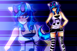 Size: 3000x2000 | Tagged: safe, artist:twigileia, character:dj pon-3, character:vinyl scratch, clothing, eared humanization, female, humanized, solo, tailed humanization, thigh highs
