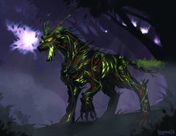 Size: 1440x1120 | Tagged: dead source, safe, artist:eosphorite, badass, bioluminescent, forest, glow, leaf, night, open mouth, outdoors, quadrupedal, raised leg, sharp teeth, signature, solo, standing, teeth, timber wolf