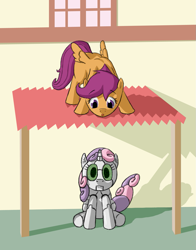 Size: 989x1261 | Tagged: safe, artist:fiddlearts, character:scootaloo, character:sweetie belle, species:pegasus, species:pony, species:unicorn, sweetie bot, female, filly, foal, hooves, horn, open mouth, robot, sitting, spread wings, wings