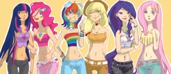 Size: 1344x582 | Tagged: safe, artist:zoe-productions, character:applejack, character:fluttershy, character:pinkie pie, character:rainbow dash, character:rarity, character:twilight sparkle, bandeau, belly button, bellyring, clothing, humanized, jeans, mane six, midriff, skinny, subjectively immodest