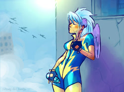Size: 1023x766 | Tagged: safe, artist:schpog, character:cloudchaser, species:human, bottle, clothing, exhausted, eyes closed, female, fingerless gloves, gloves, humanized, kallisti, solo, winged humanization, wings, wonderbolts uniform