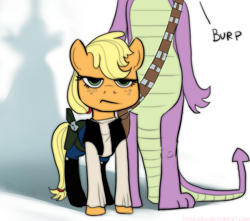 Size: 969x856 | Tagged: safe, artist:hinoraito, character:applejack, character:spike, burp, chewbacca, clothing, crossover, han solo, star wars