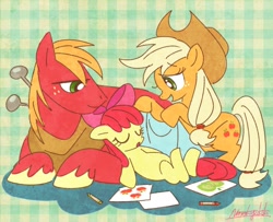 Size: 800x651 | Tagged: safe, artist:nmnkgskds, character:apple bloom, character:applejack, character:big mcintosh, species:earth pony, species:pony, blanket, brother and sister, crayons, cute, male, pixiv, siblings, sisters, sleeping, stallion