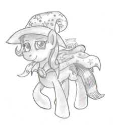 Size: 427x468 | Tagged: safe, artist:inurantchan, character:trixie, species:pony, species:unicorn, bedroom eyes, clothing, female, looking at you, mare, monochrome, pencil drawing, simple background, smiling, solo, traditional art, white background