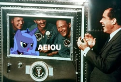 Size: 959x647 | Tagged: safe, artist:roger334, character:princess luna, species:human, aeiou, american president, apollo 11, buzz aldrin, clapping, irl, irl human, luna and the nauts, michael collins, moonbase alpha, neil armstrong, open mouth, photo, ponies in real life, president, richard nixon, smiling, vector