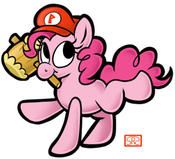 Size: 550x500 | Tagged: dead source, safe, artist:srsishere, character:pinkie pie, cap, clothing, cosplay, costume, cute, diapinkes, female, hammer, hat, mario, mario's hat, missing cutie mark, mouth hold, paper mario, solo, style emulation, super mario bros.