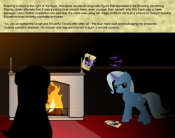 Size: 1006x794 | Tagged: safe, artist:fatponysketches, part of a set, character:octavia melody, character:trixie, character:twilight sparkle, character:twilight sparkle (alicorn), species:alicorn, species:pony, dartboard of hate, fireplace, meurtrier manor, part of a series, writer:aharon l'anglais