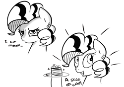 Size: 798x559 | Tagged: safe, artist:nohooves, character:pinkie pie, species:earth pony, species:pony, bait and switch, cake, dialogue, earring, emo, female, goth, gothic pinkie, monochrome, piercing, solo, subversion