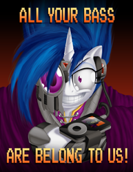Size: 1275x1650 | Tagged: safe, artist:berrypawnch, character:dj pon-3, character:vinyl scratch, all your base are belong to us, cat, cyborg, female, ipod, meme, oh no he didn't, parody, pun, solo, zero wing