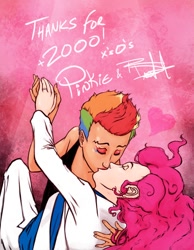 Size: 700x900 | Tagged: safe, artist:scorpiordinance, character:pinkie pie, character:rainbow dash, ship:pinkiedash, ask human pinkie pie and rainbow dash, female, humanized, kissing, lesbian, shipping