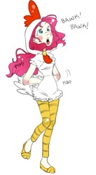 Size: 480x873 | Tagged: safe, artist:zoe-productions, character:pinkie pie, species:chicken, species:human, animal costume, chicken pie, chicken suit, clothing, costume, female, halloween, holiday, humanized, nightmare night, simple background, solo, white background